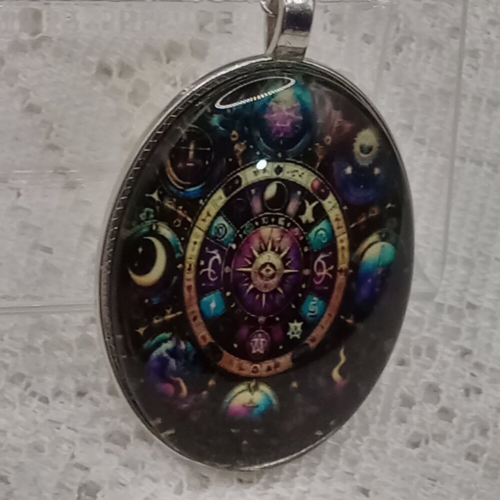 Zodiac Celestial Necklace Oval Pendant Astrological Symbols Silver-tone Chain